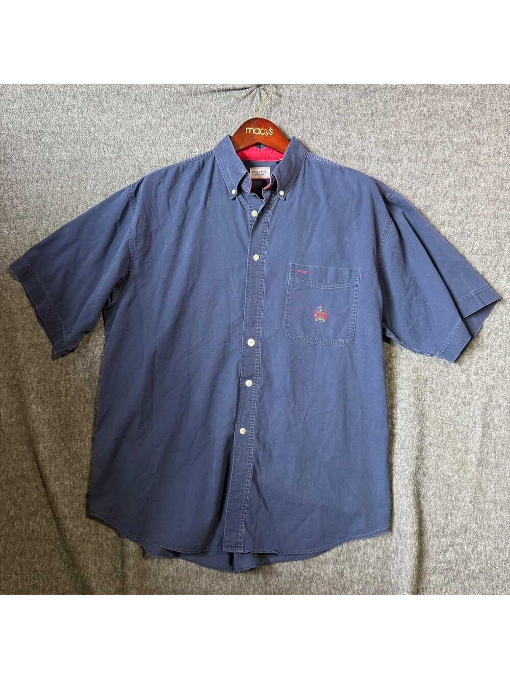 Bugle Boy Shirt Mens XL Blue Twill Short Sleeve Button Front Pocket Embroidered